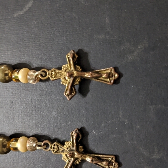 Gold Tone Beaded Cross Crucifix Dangle Statement Earrings - Picture 2 of 4